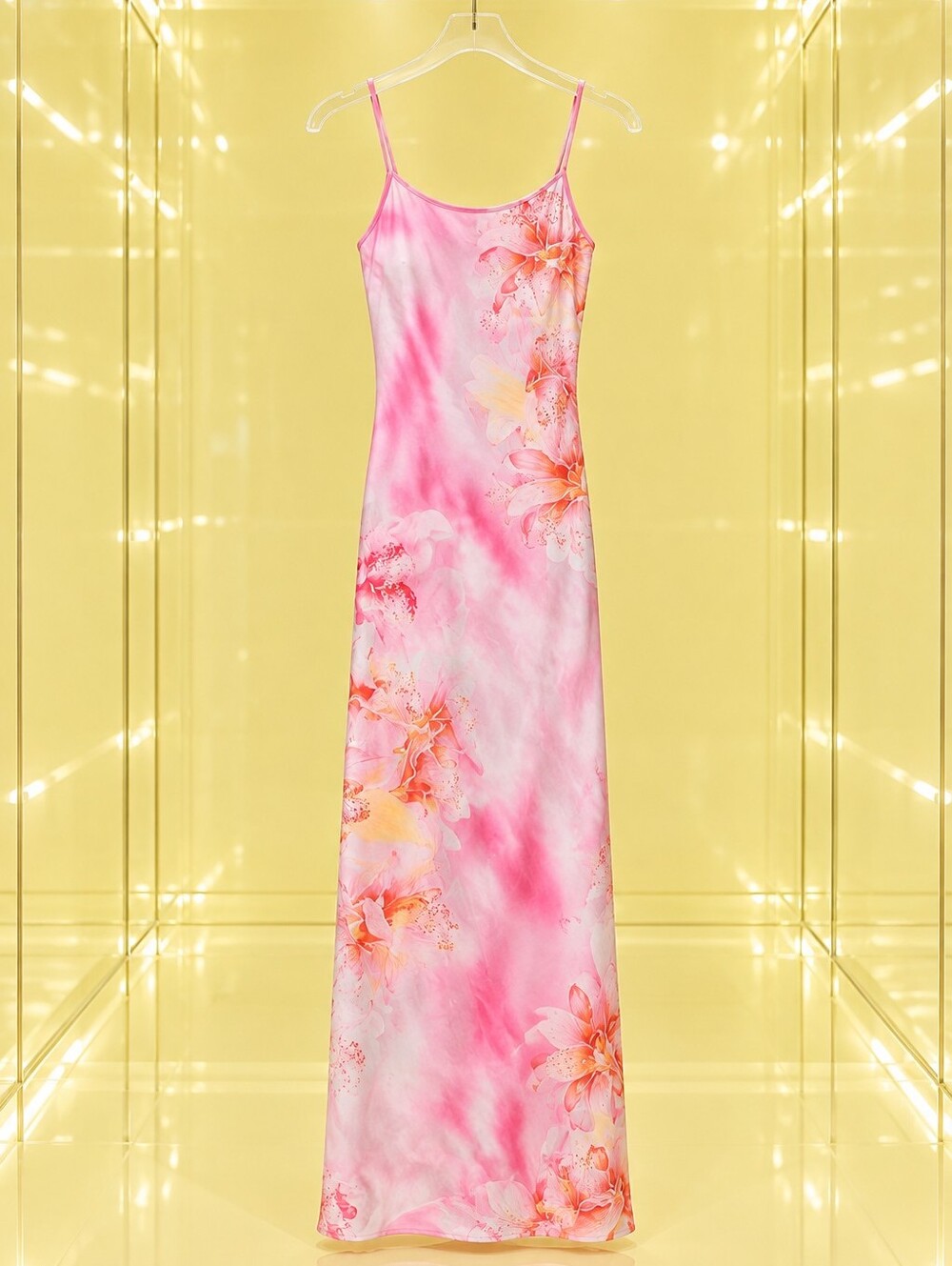 Pink Floral Slip Maxi Dress -  Spaghetti Strap - S